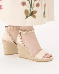 Double Rockstud Grainy Calfskin Wedge Sandal 105 Mm