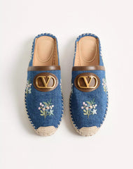 VLogo Signature Mule In Denim With Floral Embroidery 25Mm