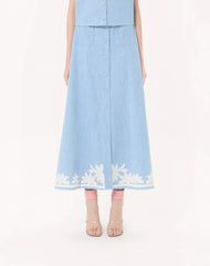 Embroidered Denim Midi Skirt