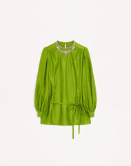 Embroidered Silk-Linen Plus De Pois Jacquard Top