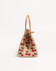 Valentino Garavani Antibes Medium Shopping Bag In Jacquard Raffia With Cherryfic Motif