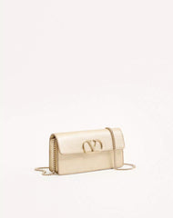 VLogo Signature Laminated Grainy Calfskin Wallet With Chain