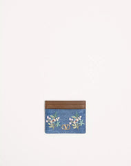 Valentino Garavani VLogo Signature Card Holder In Denim With Floral Embroidery