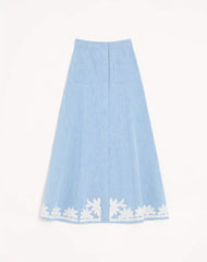 Embroidered Denim Midi Skirt