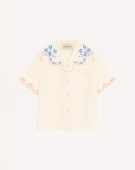 Valentino Linen Bowling Shirt In San Gallo With VLogo Embroidery