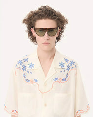 Valentino Linen Bowling Shirt In San Gallo With VLogo Embroidery