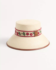 Cherryfic Straw Bucket Hat With Leather Trim And Cherryfic Ribbon