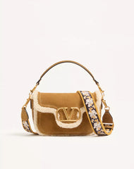Valentino Garavani Alltime Suede Shoulder Bag With Sheepskin Lining And Embroidered Ribbon Shoulder Strap