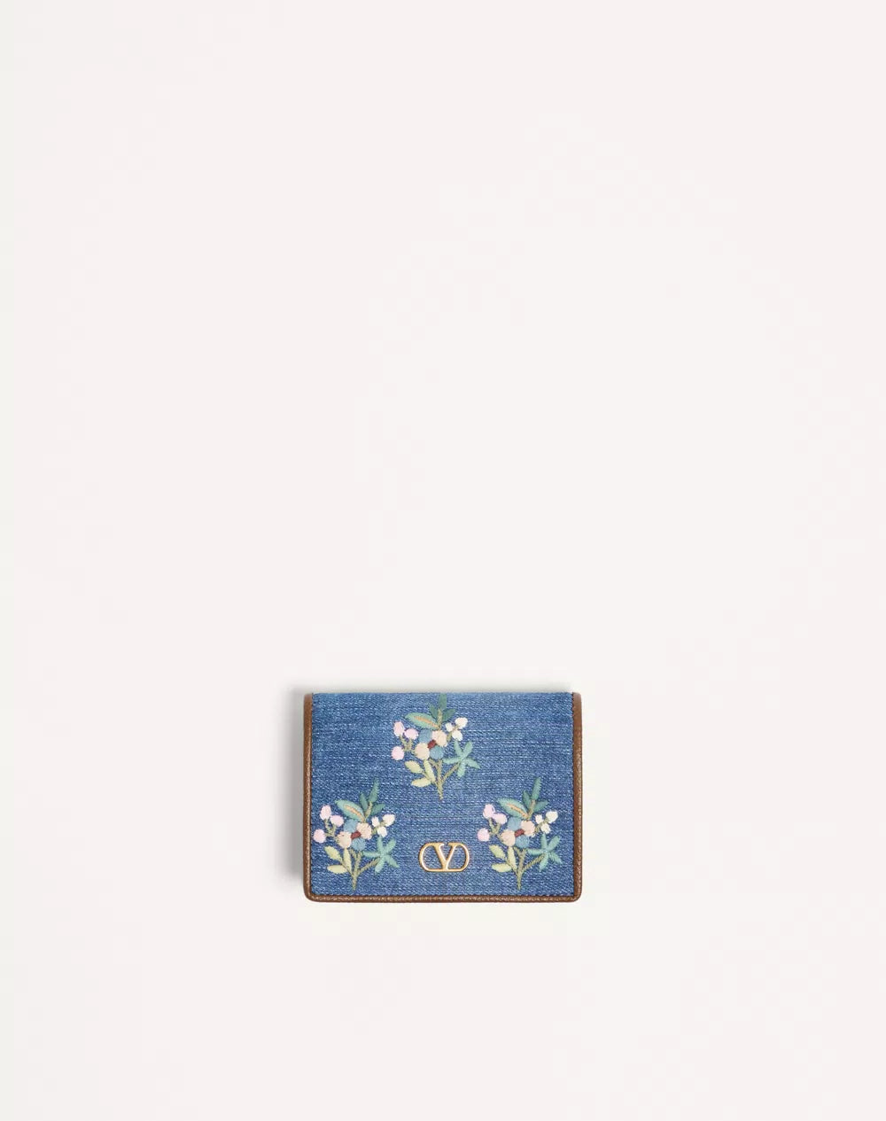 Valentino Garavani VLogo Signature Wallet In Denim With Floral Embroidery