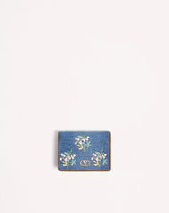 Valentino Garavani VLogo Signature Wallet In Denim With Floral Embroidery