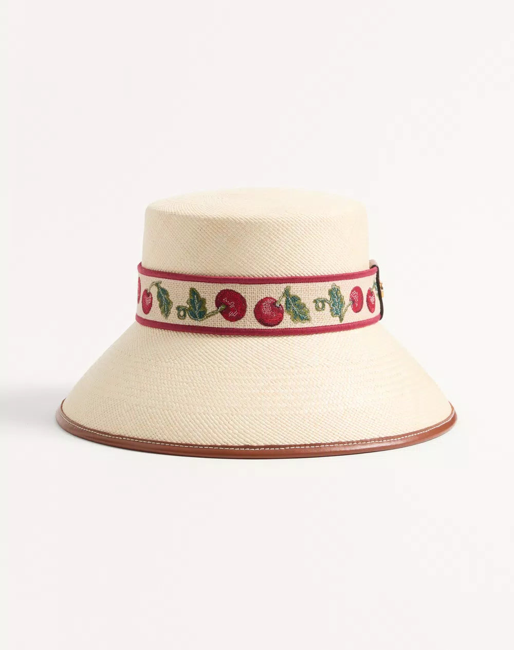 Cherryfic Straw Bucket Hat With Leather Trim And Cherryfic Ribbon