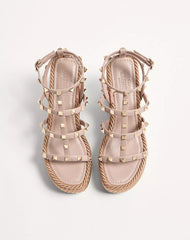 Rockstud Ankle Strap Wedge Sandal In Calfskin Leather 95 Mm