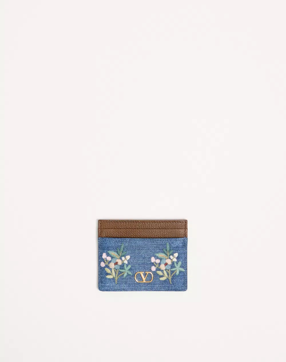 Valentino Garavani VLogo Signature Card Holder In Denim With Floral Embroidery