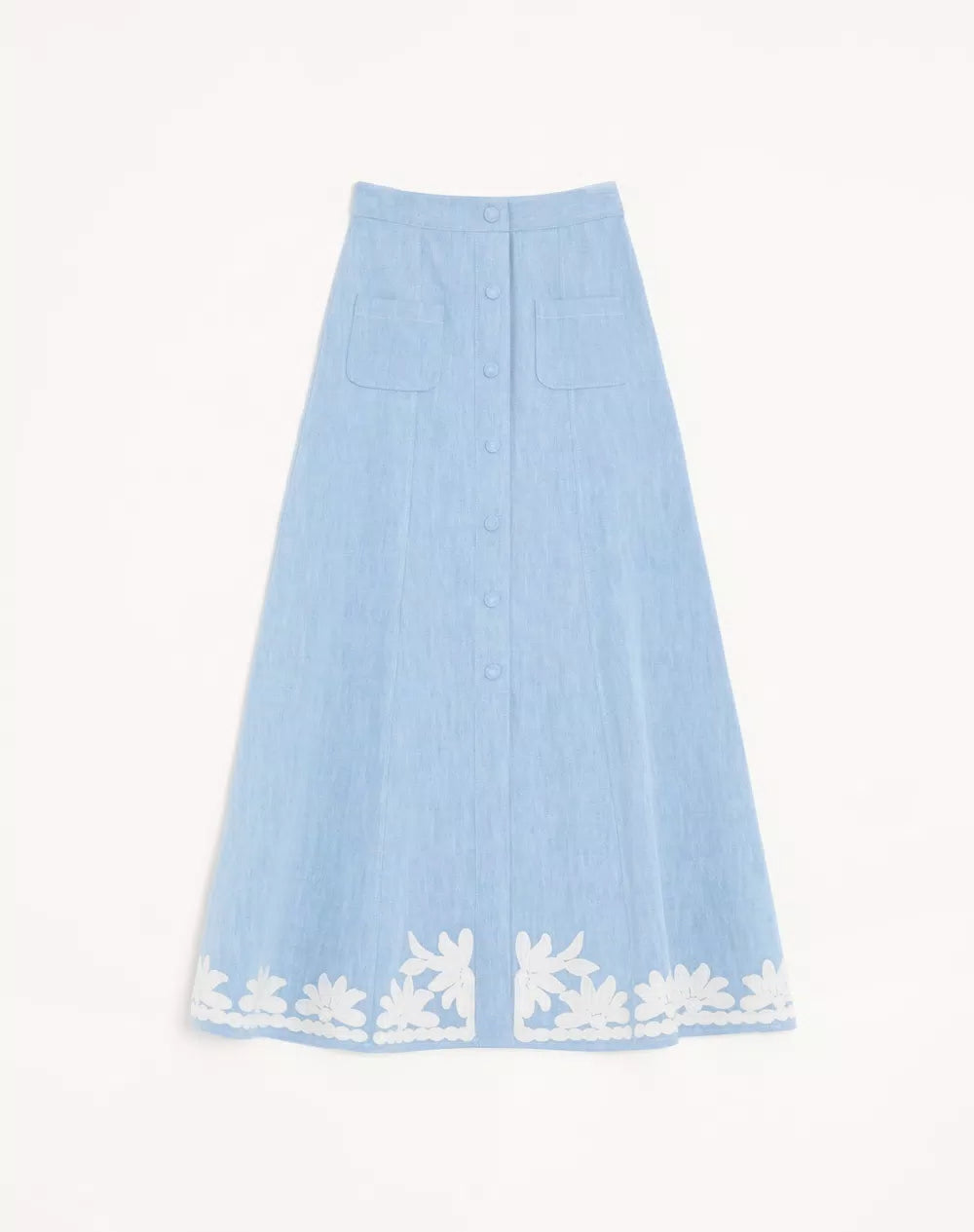 Embroidered Denim Midi Skirt