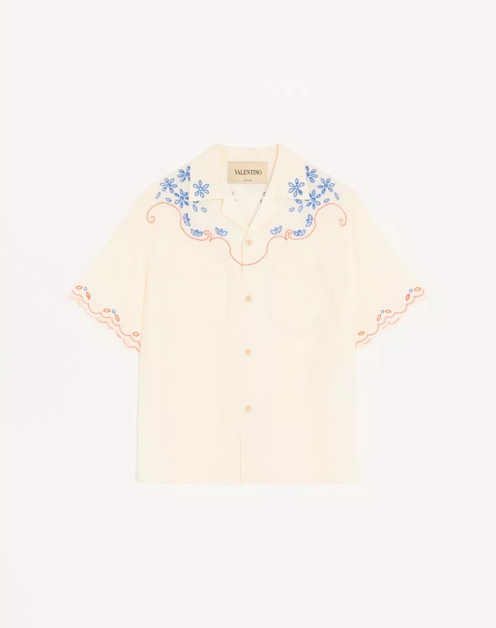 Valentino Linen Bowling Shirt In San Gallo With VLogo Embroidery