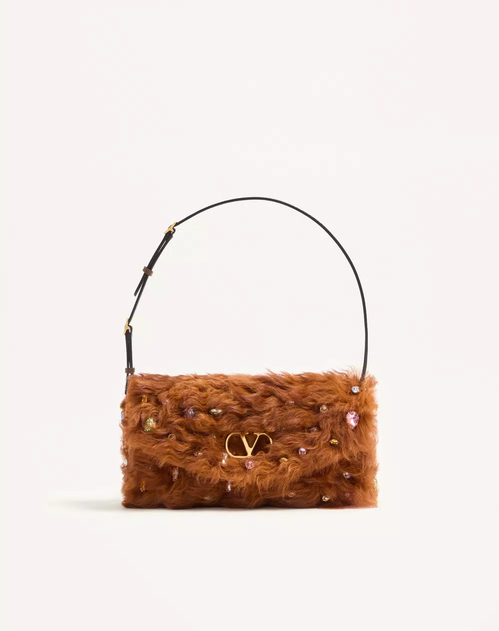 Valentino Garavani Devain Small Shoulder Bag In Lamb Fur With Rhinestones.